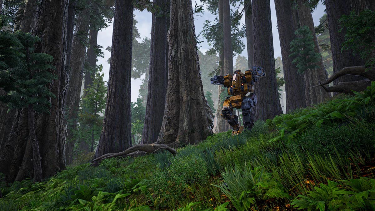Mech parado en medio del bosque en Mechwarrior 5
