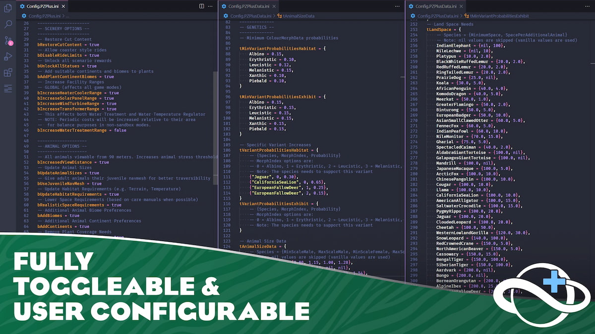 Configuraciones de archivos configurables desde el mod Planet Zoo PZplus.