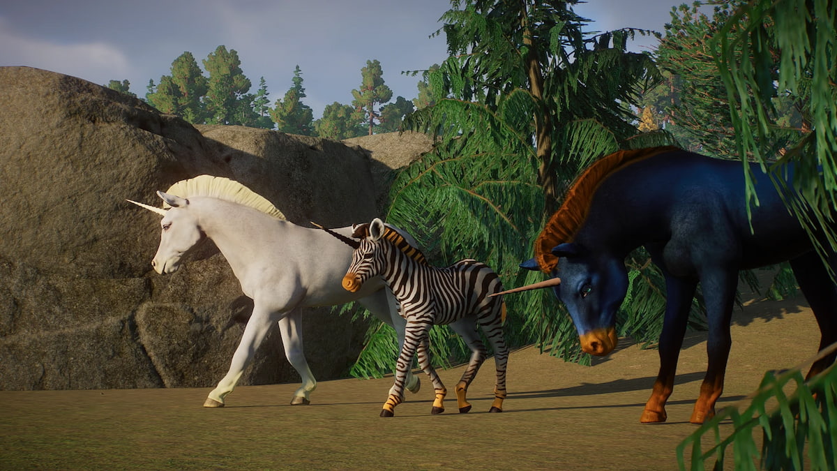 Un grupo de tres unicornios del mod Planet Zoo Unicorn.