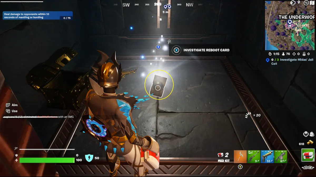 Tarjeta de reinicio brillante en el suelo de la celda de Midas.  Solicite interactuar con él en la pantalla que se encuentra encima.