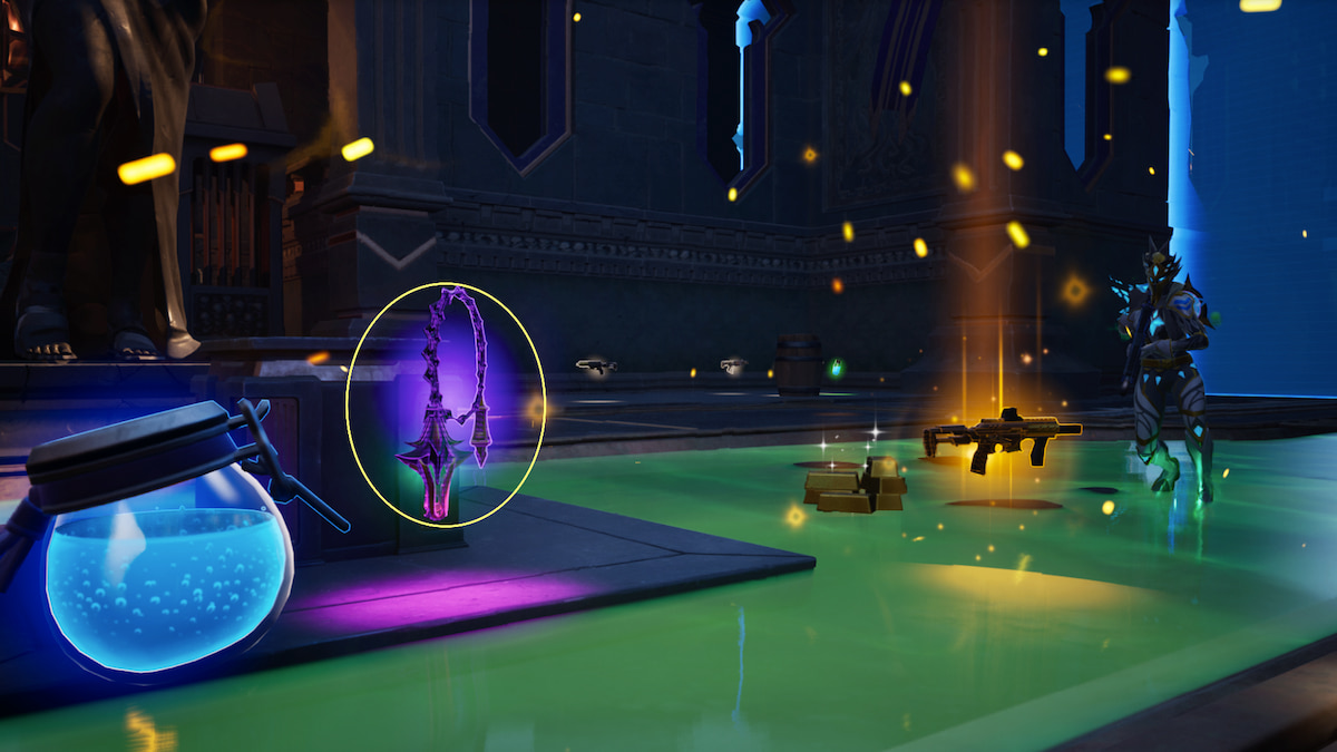 Botín en el suelo de un jugador caído.  Cadenas de Hades rodeadas de amarillo junto a un recipiente con escudo, un subfusil mítico y lingotes de oro.