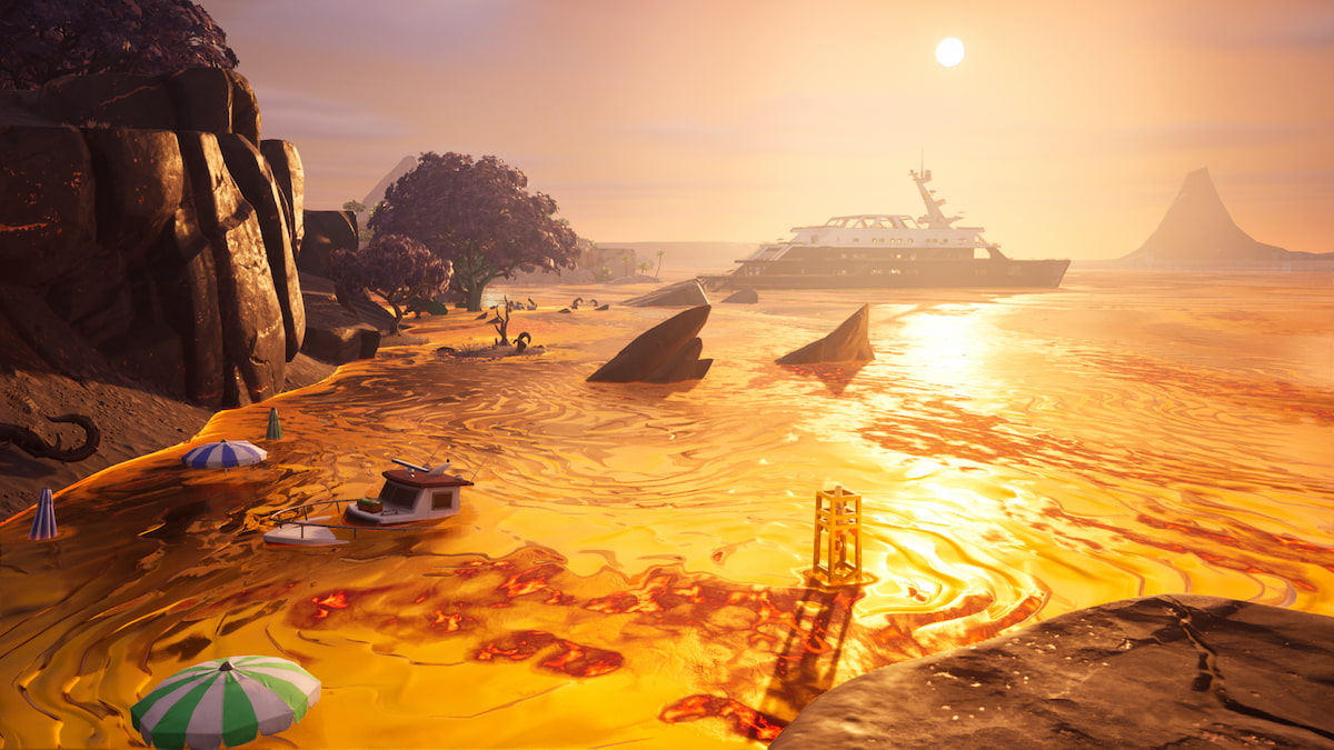 Cómo jugar Midas Presents: El suelo es lava en Fortnite 8 Una vista del agua en el mapa convirtiéndose en lava con un yate en la distancia