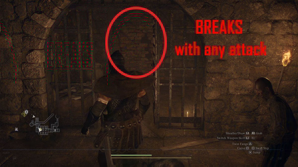 Dragons Dogma 2 jugador en prisión parado frente a una celda abierta con una pared rota en el interior