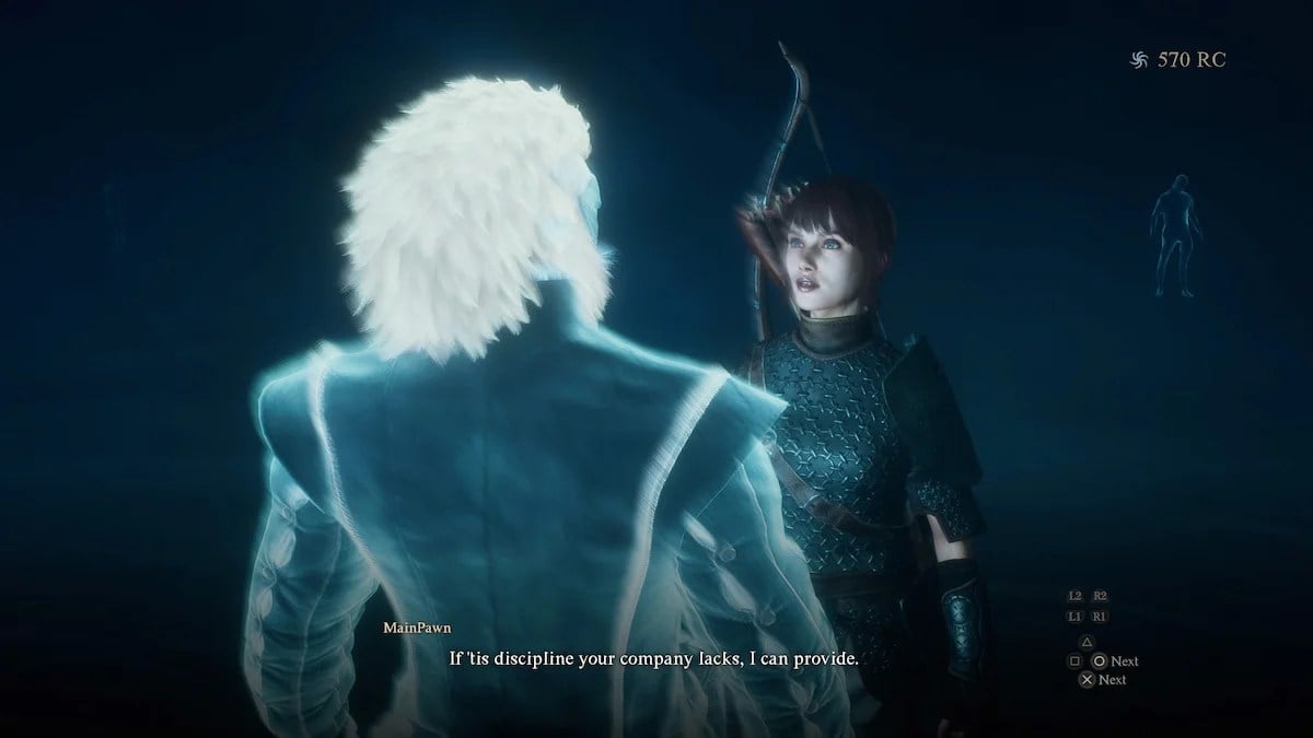 dragones dogma 2 surgido con ropa real hablando con un peón arquero