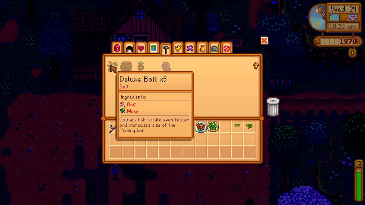 Cómo conseguir musgo en Stardew Valley 1.6 11 Receta de elaboración de cebo de lujo.