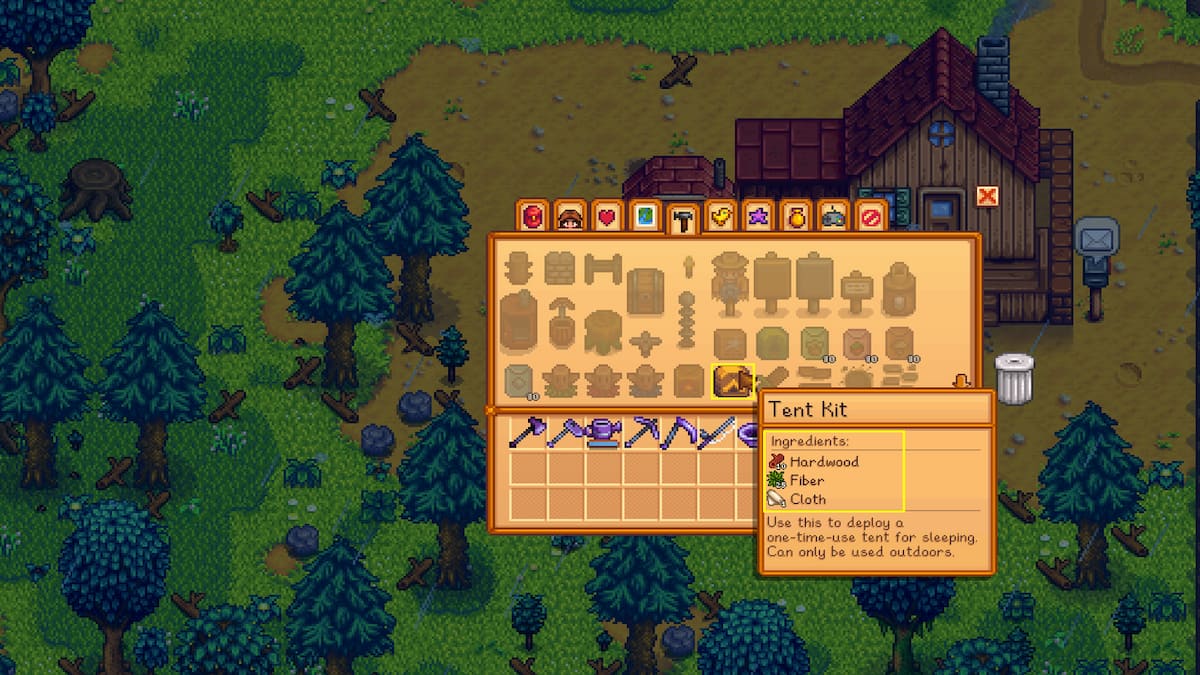 Menú de elaboración con kit de tienda de campaña con un círculo amarillo y lista de ingredientes necesarios para hacerlo.