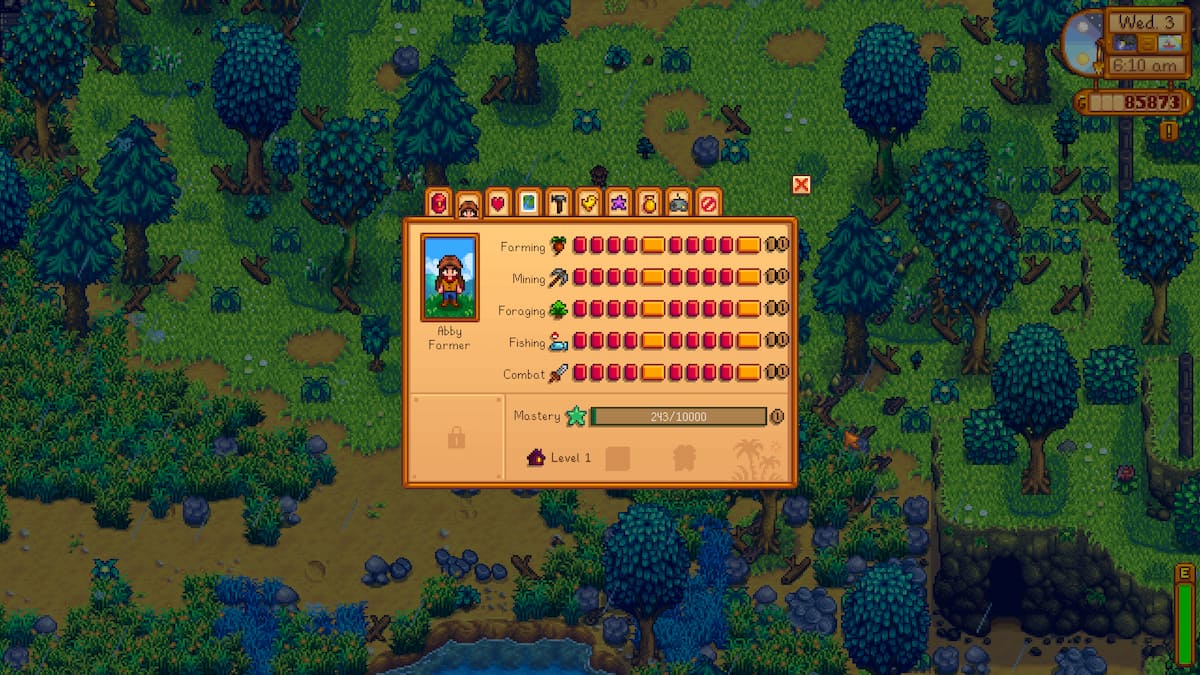 Menú de habilidades con barra de nivel de dominio debajo