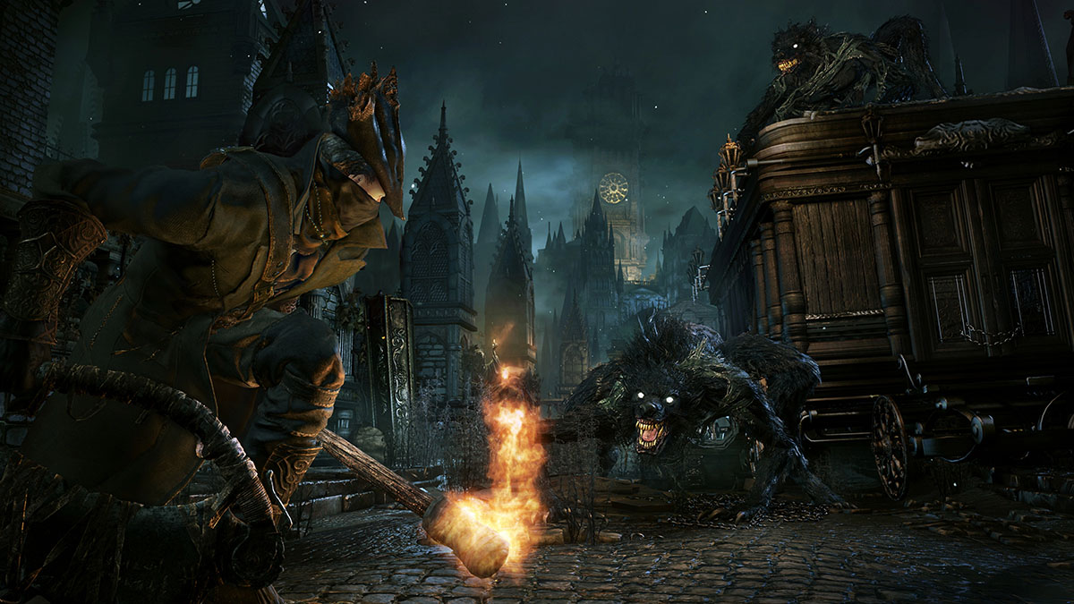 Un cazador luchando contra un hombre lobo en Bloodborne