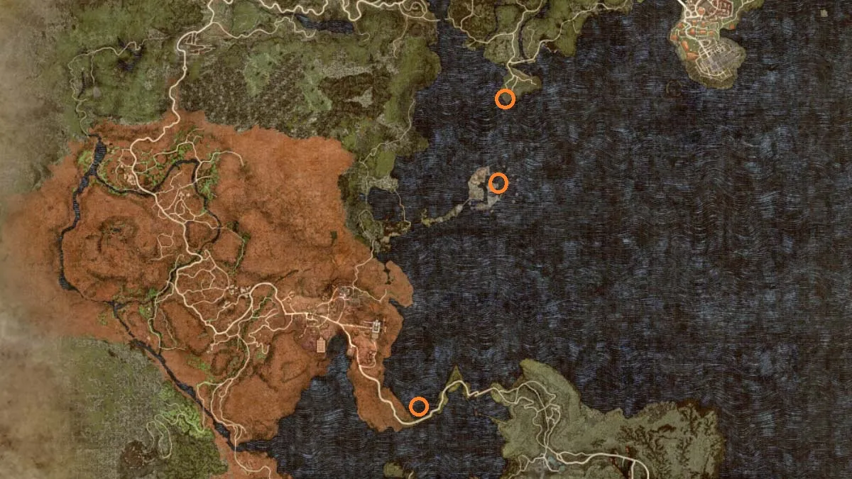 Ubicaciones de Portcrystal en el sur del mapa de Dragon's Dogma 2.