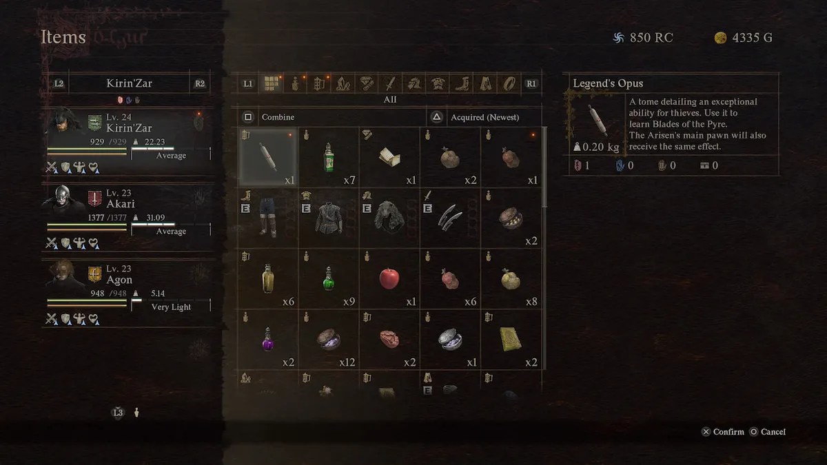 Pantalla de inventario de jugadores de Dragons Dogma 2 con varios elementos.