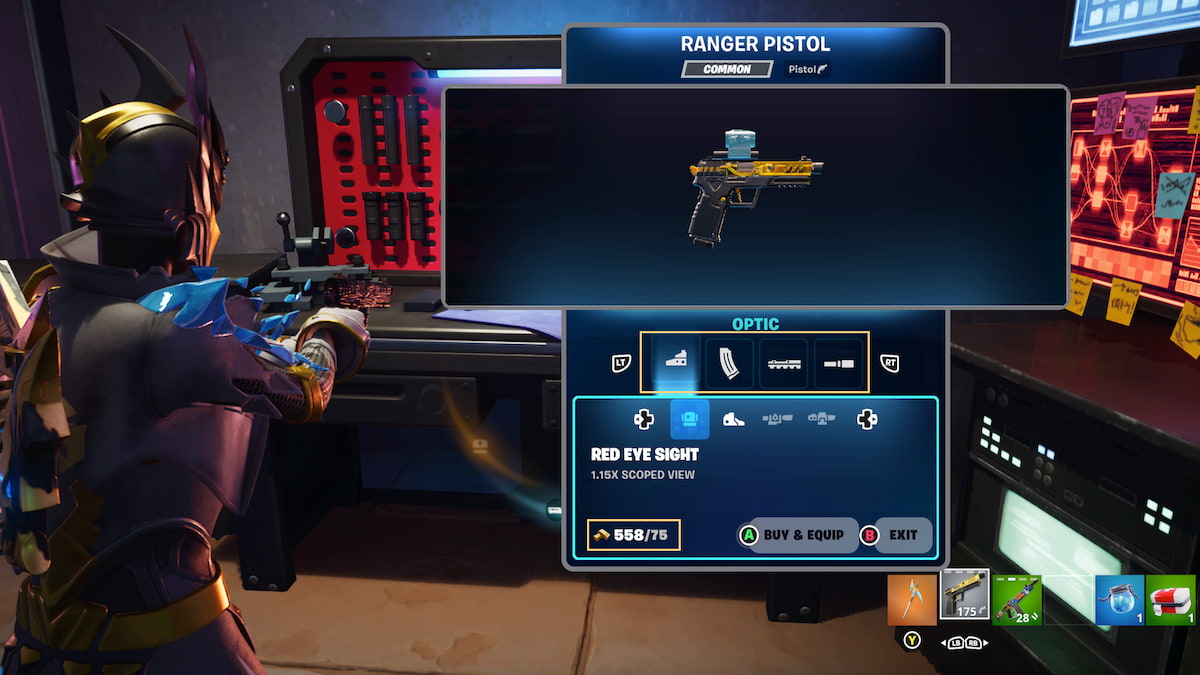 Menú de modificación de armas con tipos de archivos adjuntos encerrados en un círculo amarillo y el costo de las barras de oro encerrado en un círculo amarillo en la esquina inferior izquierda