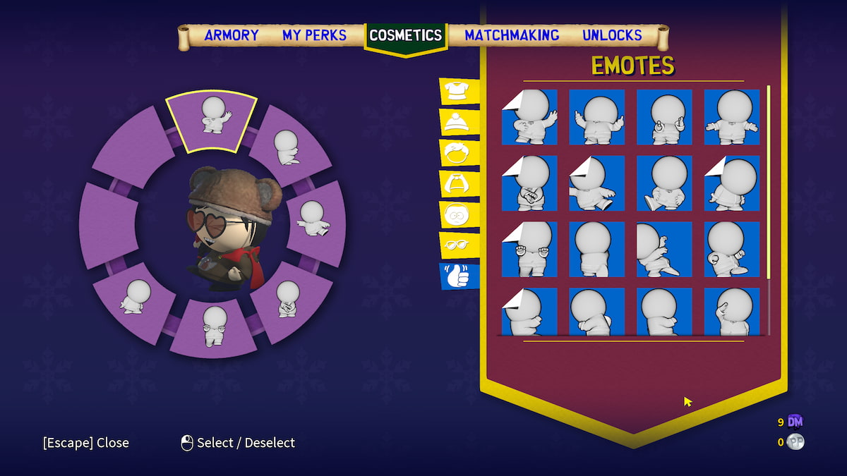 Cómo expresar emociones en South Park: Día de nieve 8 Menú de cosméticos del Día de la Nieve de South Park debajo de la pestaña de gestos y pulgares hacia arriba. Una lista de gestos disponibles a la derecha y la rueda de gestos con espacios de equipamiento disponibles a la izquierda.