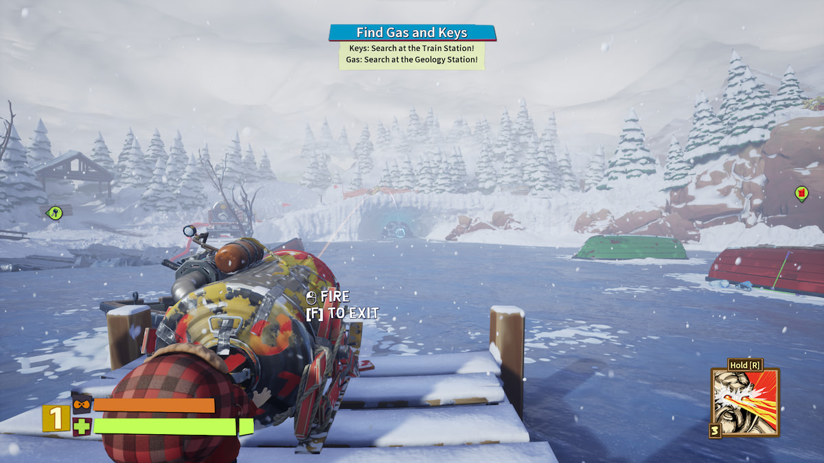 Un personaje que apuntaba con el cañón apuntaba directamente a un bloque de hielo en la distancia, la línea del camino y el círculo azul alineados con el hielo. 