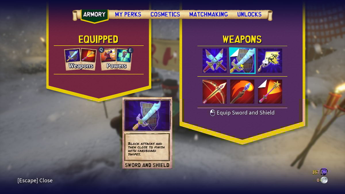 Las mejores armas para usar en South Park: día de nieve 13 Menú de armas con todas las opciones de armas a la derecha y Espada y Escudo en la parte inferior