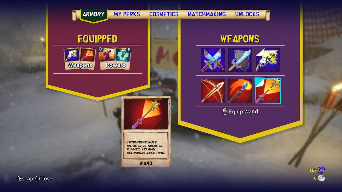 Las mejores armas para usar en South Park: día de nieve 12 Menú de armas con todas las opciones de armas a la derecha y Varita en la parte inferior