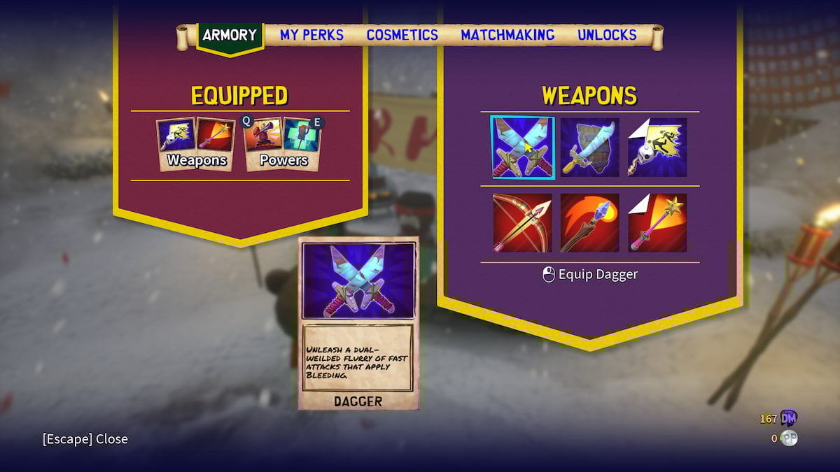 Las mejores armas para usar en South Park: día de nieve 14 Menú de armas con todas las opciones de armas a la derecha y menú de Dagas en la parte inferior.