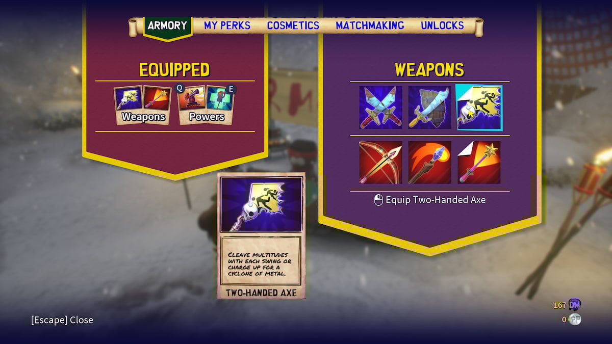 Las mejores armas para usar en South Park: día de nieve 15 Menú de armas con todas las opciones de armas a la derecha y Hacha de dos manos en la parte inferior