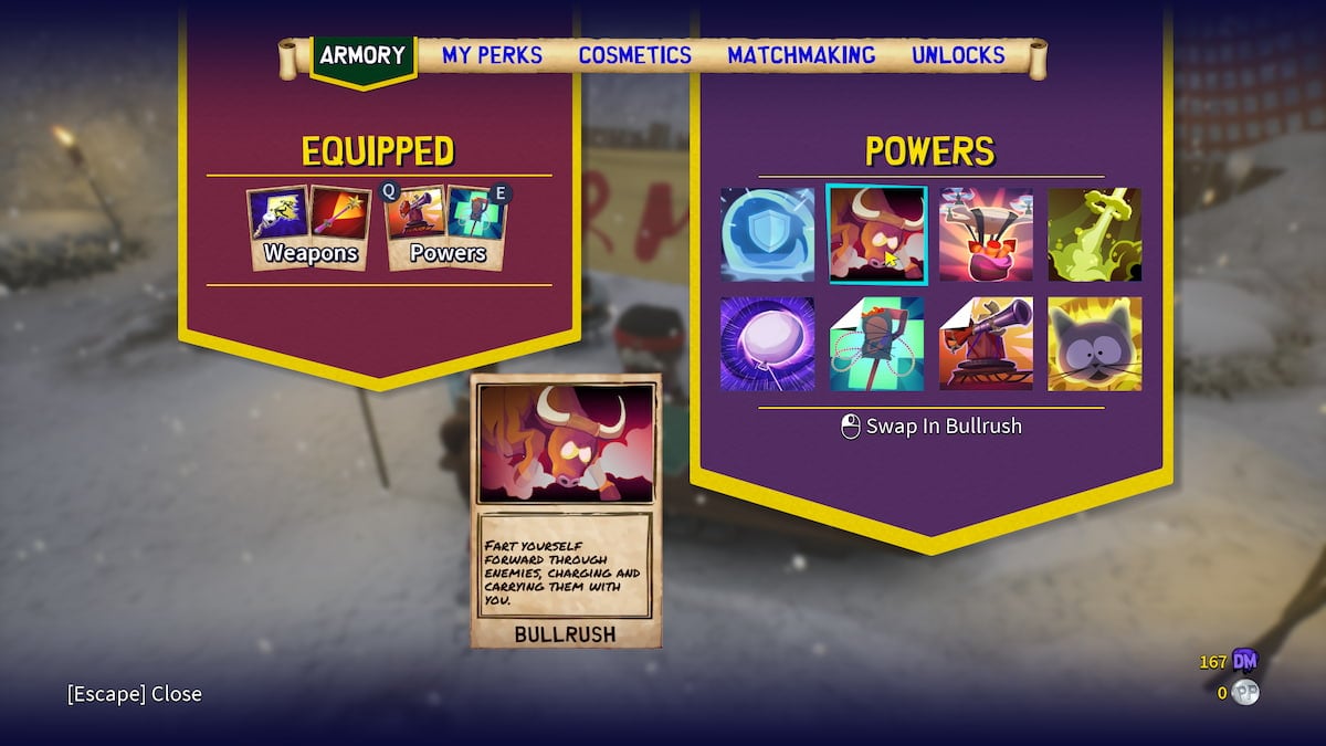 Menú de poderes con todas las opciones de poder a la derecha y la tarjeta Bullrush en la parte inferior.  La tarjeta Bullrush muestra un toro furioso cargando hacia adelante.