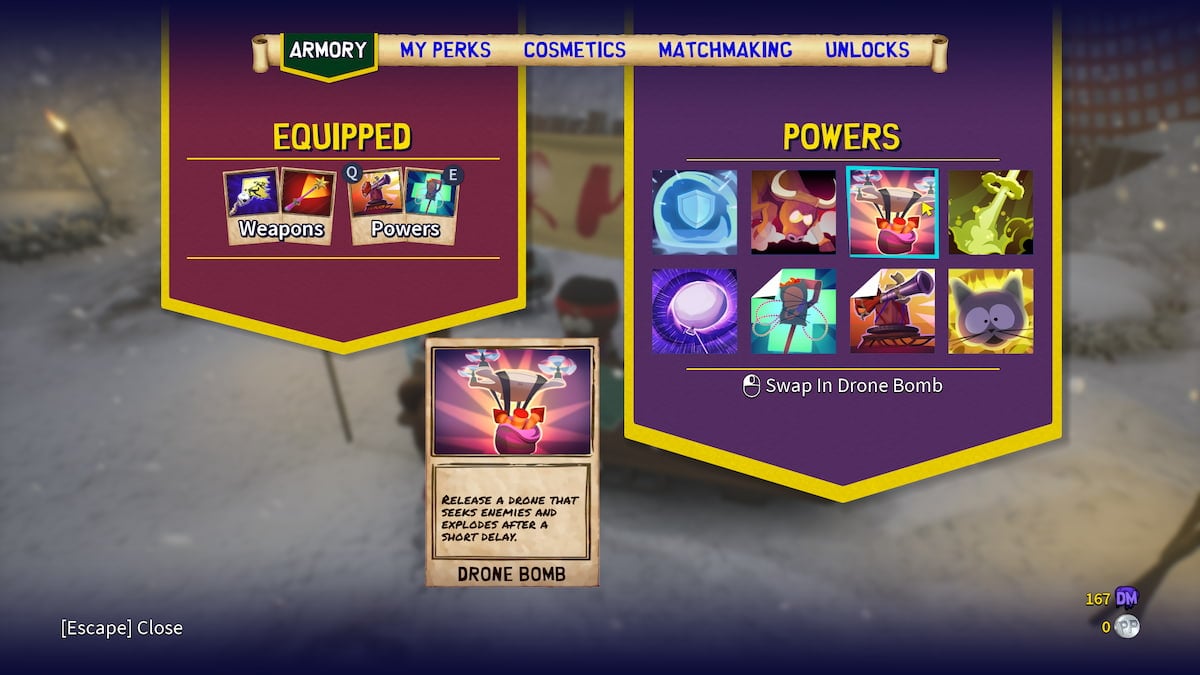 Menú de poderes con todas las opciones de poder que se muestran a la derecha y la tarjeta Drone Bomb en la parte inferior.  Drone Bomb muestra un dron que transporta explosivos