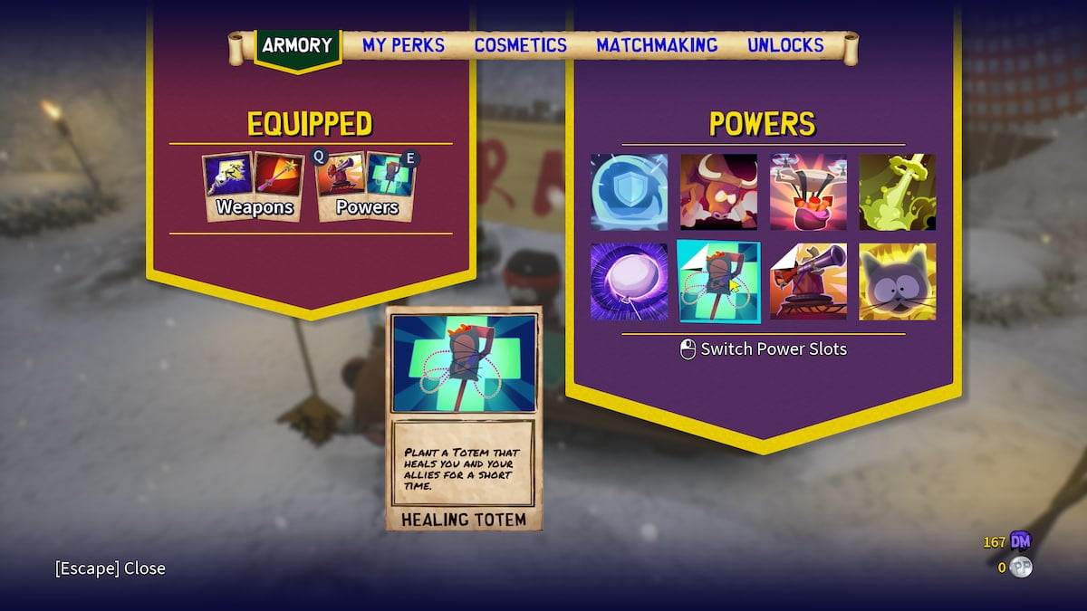 Menú de poderes con todas las opciones de poder a la derecha y la tarjeta Healing Totem en la parte inferior.  Healing Totem es un símbolo verde de primeros auxilios con el tótem sobresaliendo en el medio.