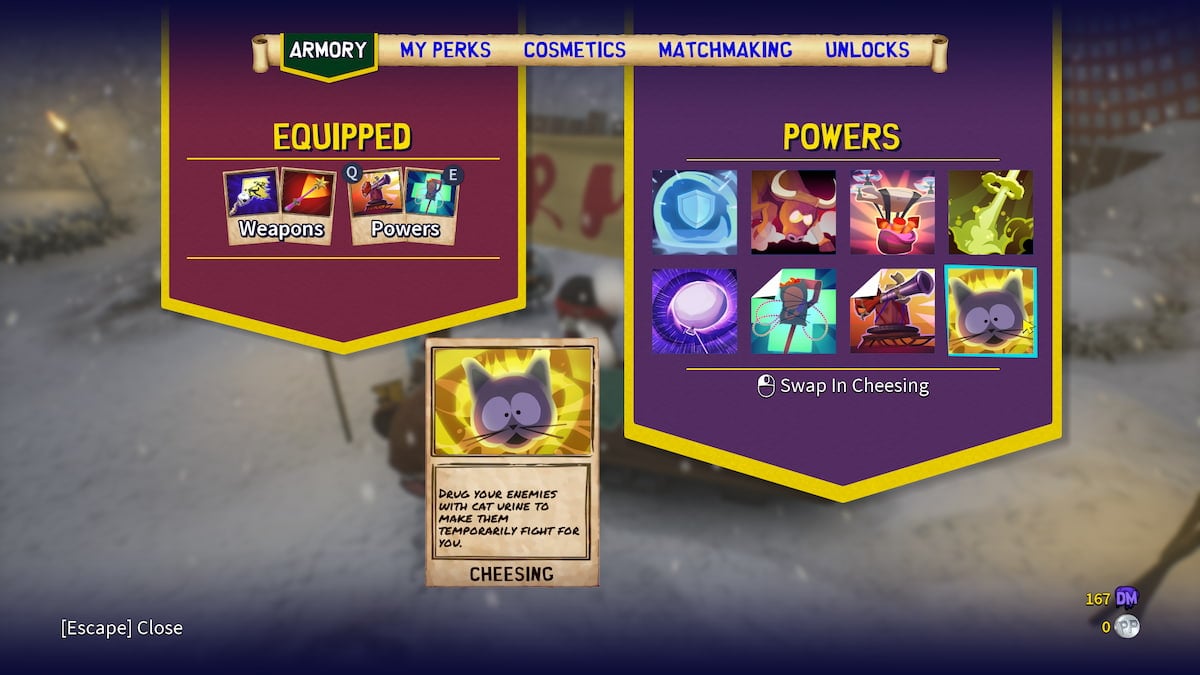 Menú de poderes con todas las opciones de poder a la derecha y poder de Cheesing en la parte inferior.  Cheesing es una tarjeta dorada con una cabeza de gato en el medio.
