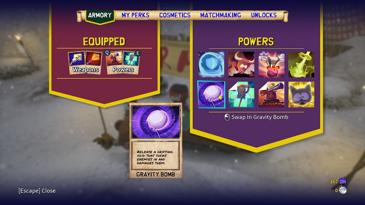 Menú de poderes con todas las opciones de poder a la derecha y la tarjeta Gravity Bomb en la parte inferior.  Gravity Bomb es una carta de vórtice violeta con un globo flotando en el medio.