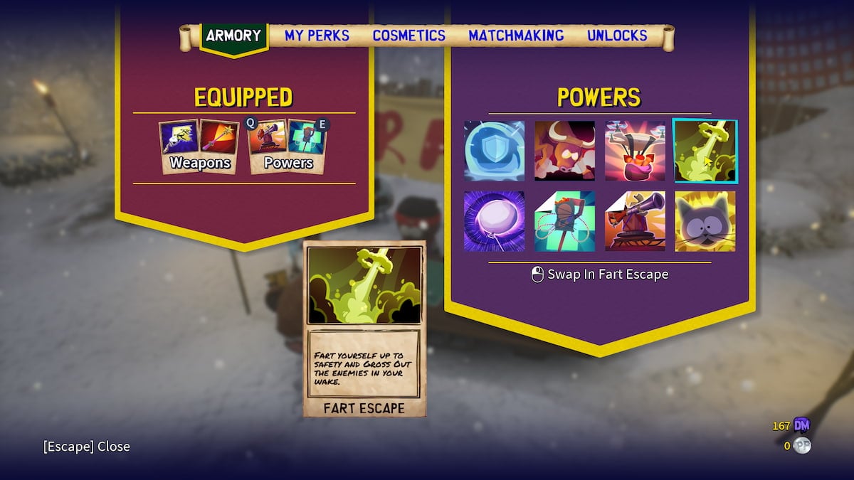 Menú de poderes con todas las opciones de poder que se muestran a la derecha y la tarjeta Fart Escape en la parte inferior.  Fart Escape es una nube apestosa que se dispara hacia arriba