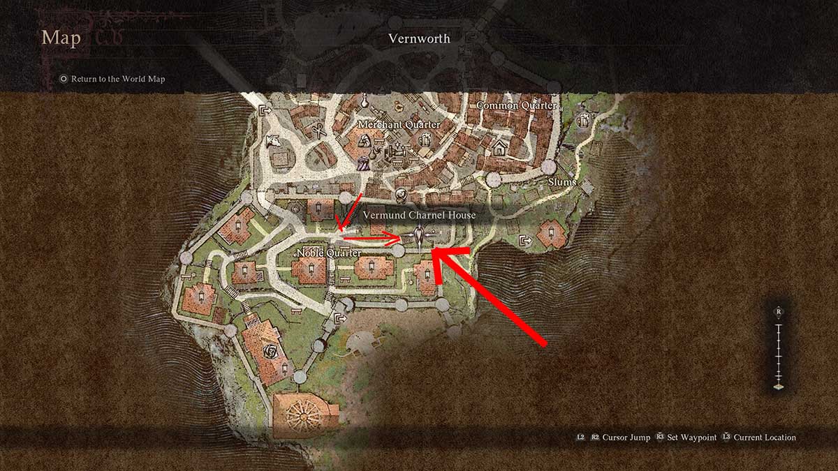 Mapa de Vernworth que apunta a la morgue en Dragons Dogma 2.