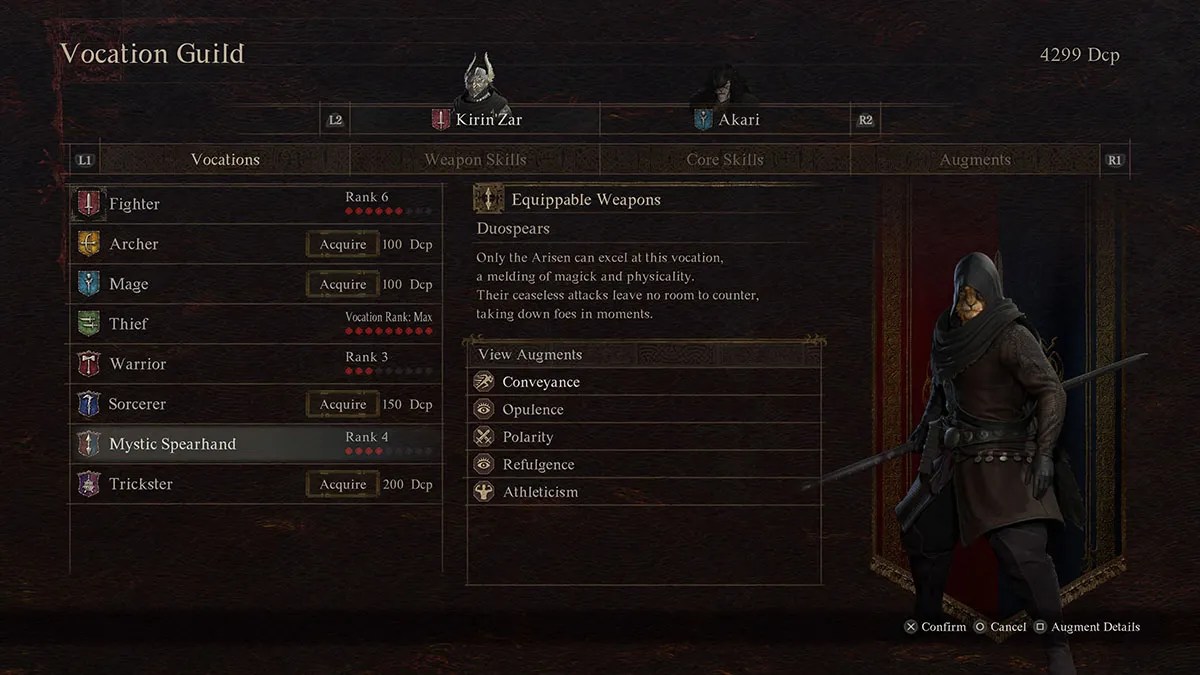 Menú de vocación de lanza mística en Dragons Dogma 2.