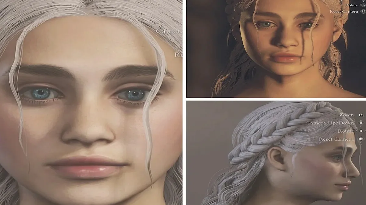 Tres vistas diferentes de un personaje que se parece a Daenerys de Juego de Tronos, cabello rubio blanco trenzado hacia atrás y ojos azules como de gama. 