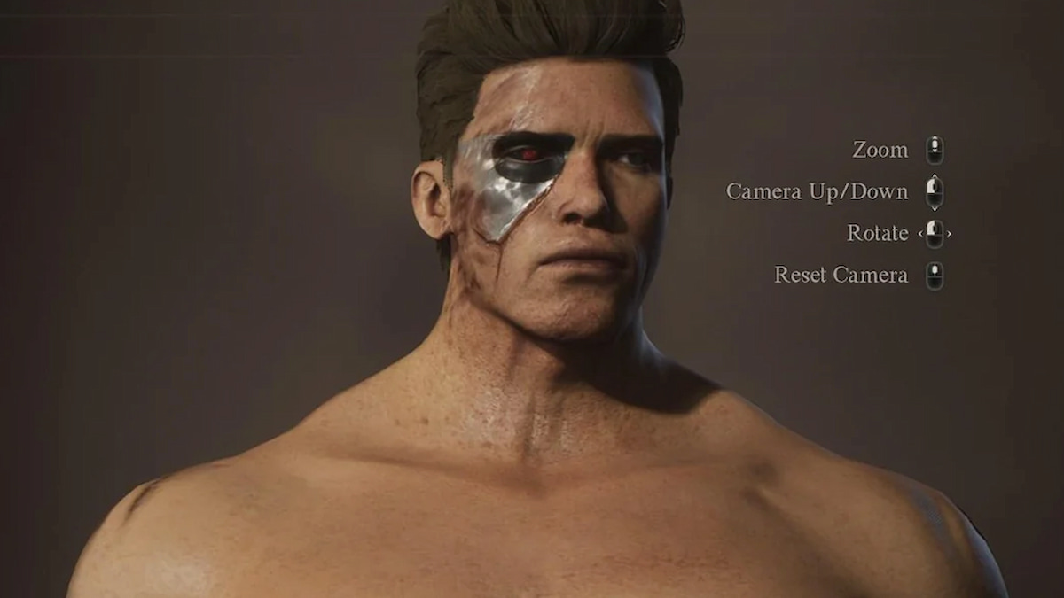 Personaje que se parece al actor Arnold Schwarz que interpreta a Terminator.  Cabello extremadamente pulido, corto y peinado y un ojo que tiene un parche metálico plateado y un ojo rojo oscuro con apariencia de cyborg.