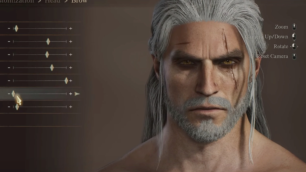 Geralt de Witcher.  Cabello y barba blancos, cabello recogido hacia atrás, ojos amarillos intensos y una cicatriz que cubre su ojo izquierdo.