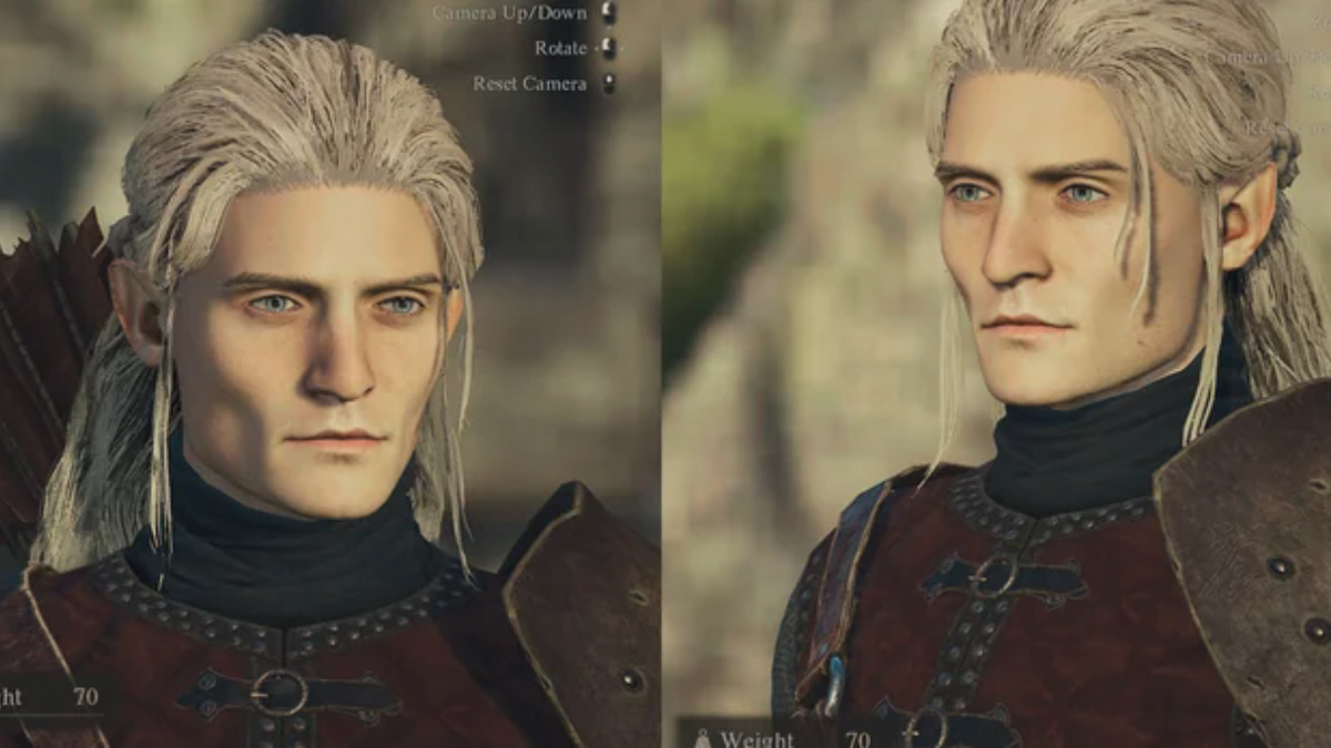 Dos imágenes de la creación de Legolas una al lado de la otra.  Cabello largo y rubio recogido hacia atrás, orejas puntiagudas, ojos azules brillantes y pómulos prominentes.
