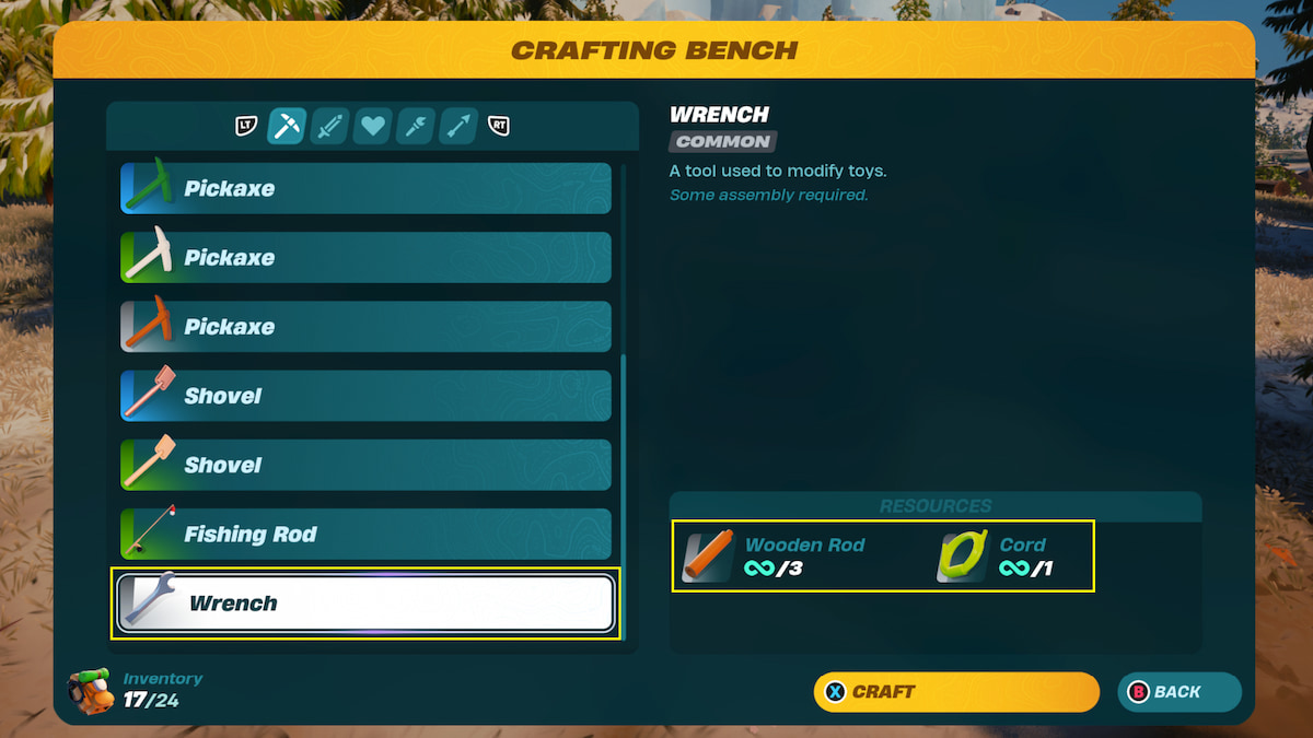 Menú Banco de elaboración en la sección Herramientas, los recursos necesarios para la llave se muestran a la derecha