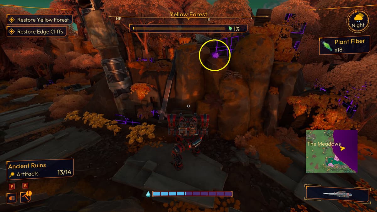 Todas las ubicaciones de artefactos en Yellow Forest en Lightyear Frontier 27 Un artefacto brillante ubicado sobre rocas en Lightyear Frontier