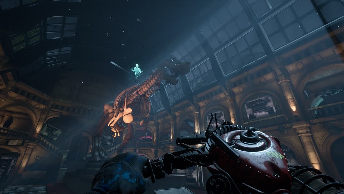 Esqueleto de dinosaurio en el mapa del museo en Midnight Ghost Hunt