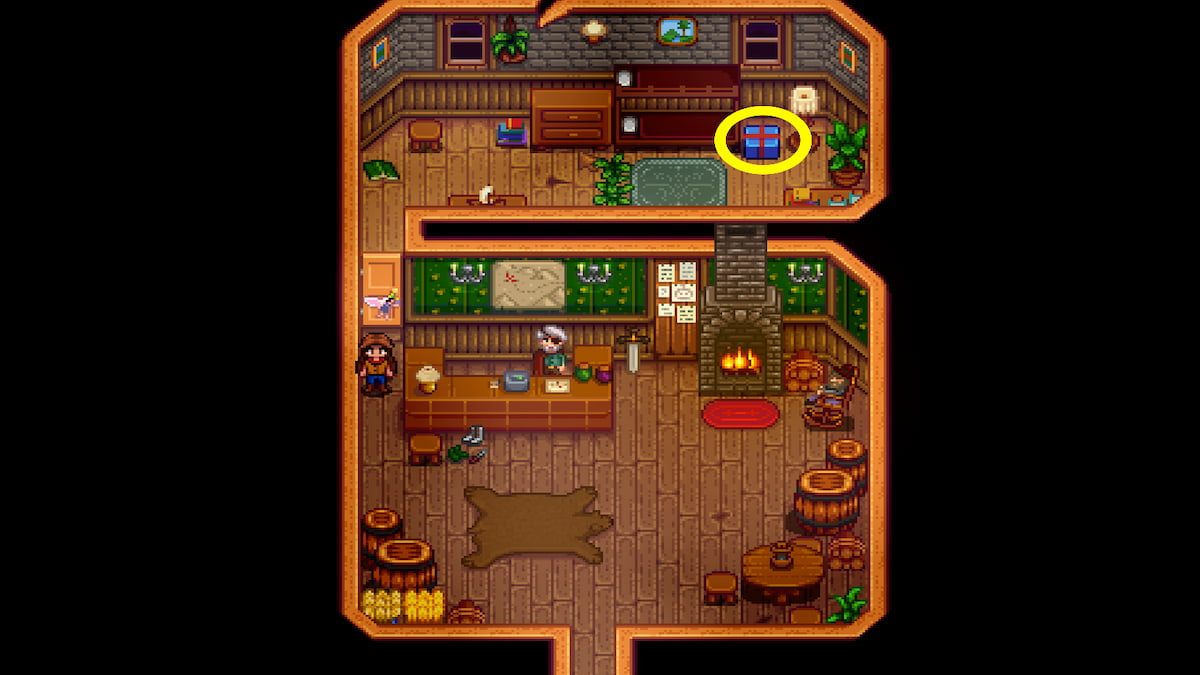 Edificio del Gremio de Aventureros con la trastienda cerrada, caja de regalo con un círculo amarillo en el interior 