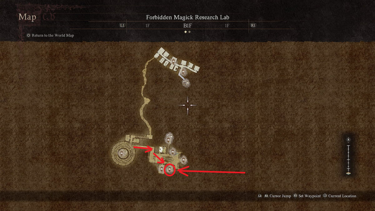 Mapa del laboratorio de investigación de magia prohibida en Dragon's Dogma 2.