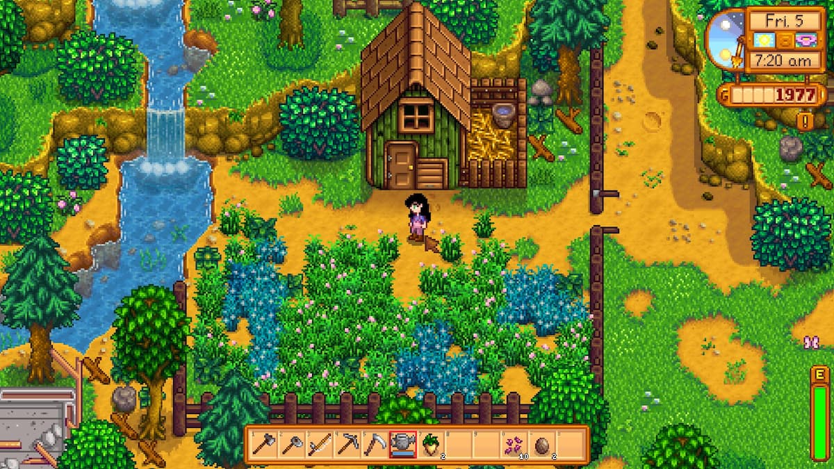 Stardew Valley 1.6 conduce al desafío solo de mayonesa 7 Diseño de Meadowland Farm con Blue Grass cerca de Coop.