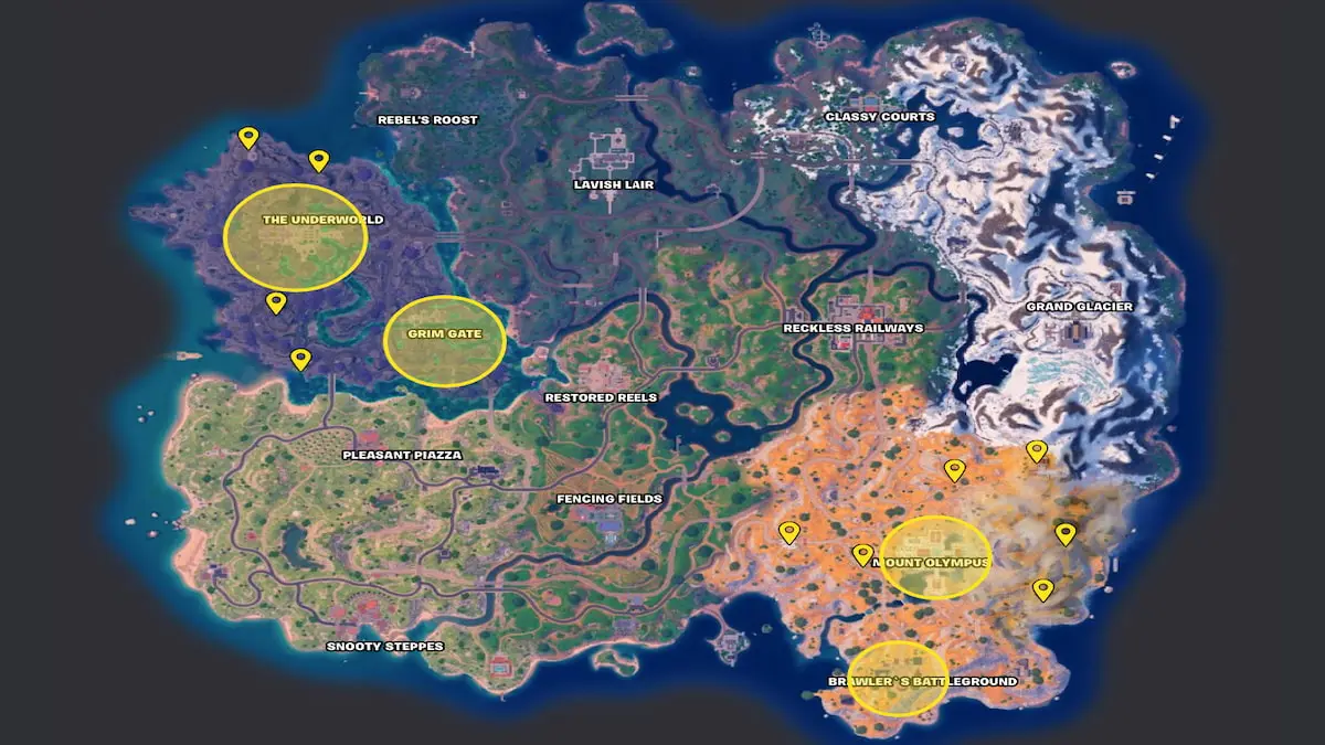 Mapa de Fortnite Capítulo 5 Temporada 2 con puntos de cofres divinos marcados en amarillo