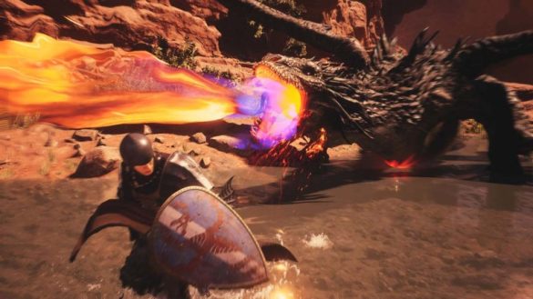 Dragon spews fire breath at the player in armor in Dragon