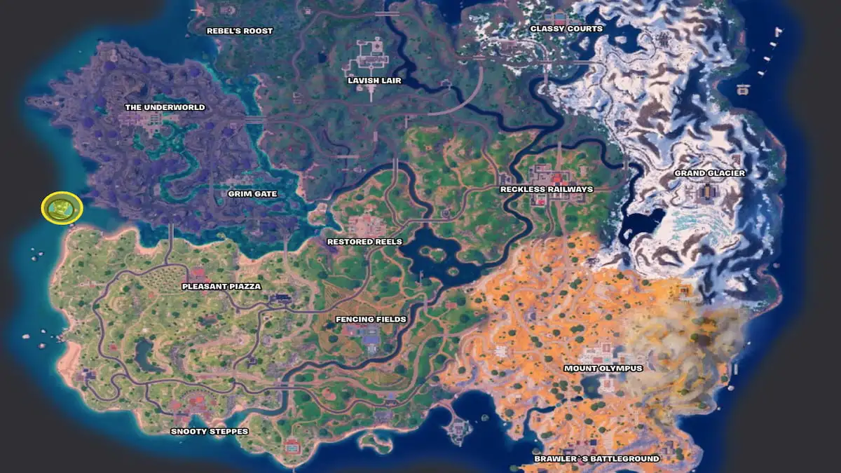 Mapa de Fortnite Capítulo 5 Temporada 2 con la ubicación del Marigold Yacht rodeada en amarillo y el ícono de Shade Midas encima