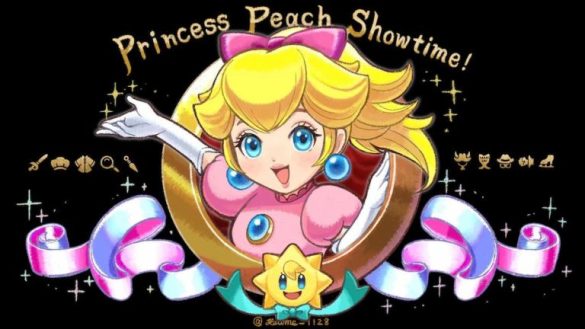 Art of Princess Peach in a title screen with banners and star under her and title of the game above