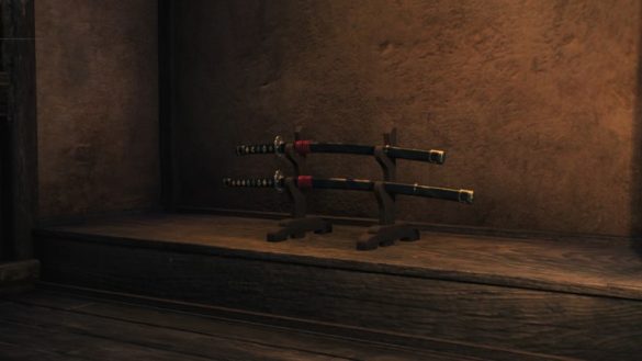 Swords on display on a shelf