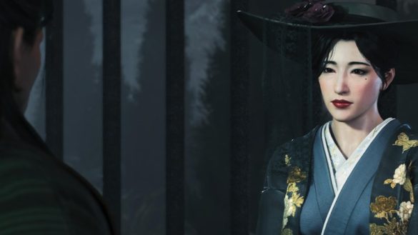 Ronin talking to a geisha by a gate