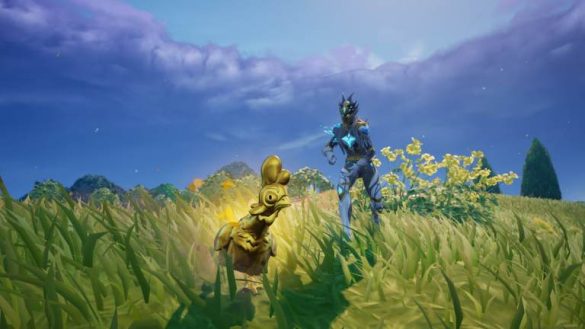 Player chasing a golden glowing chicken