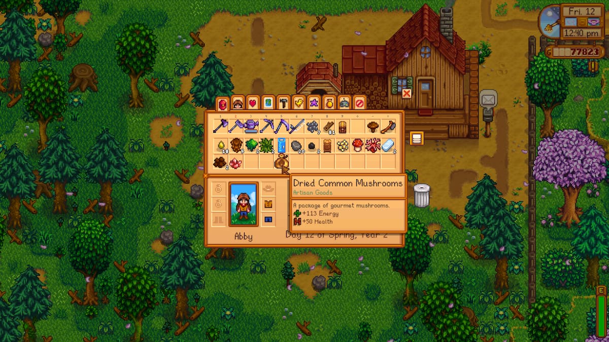 Inventario del jugador sobre la pestaña de información de hongos secos, productos artesanales