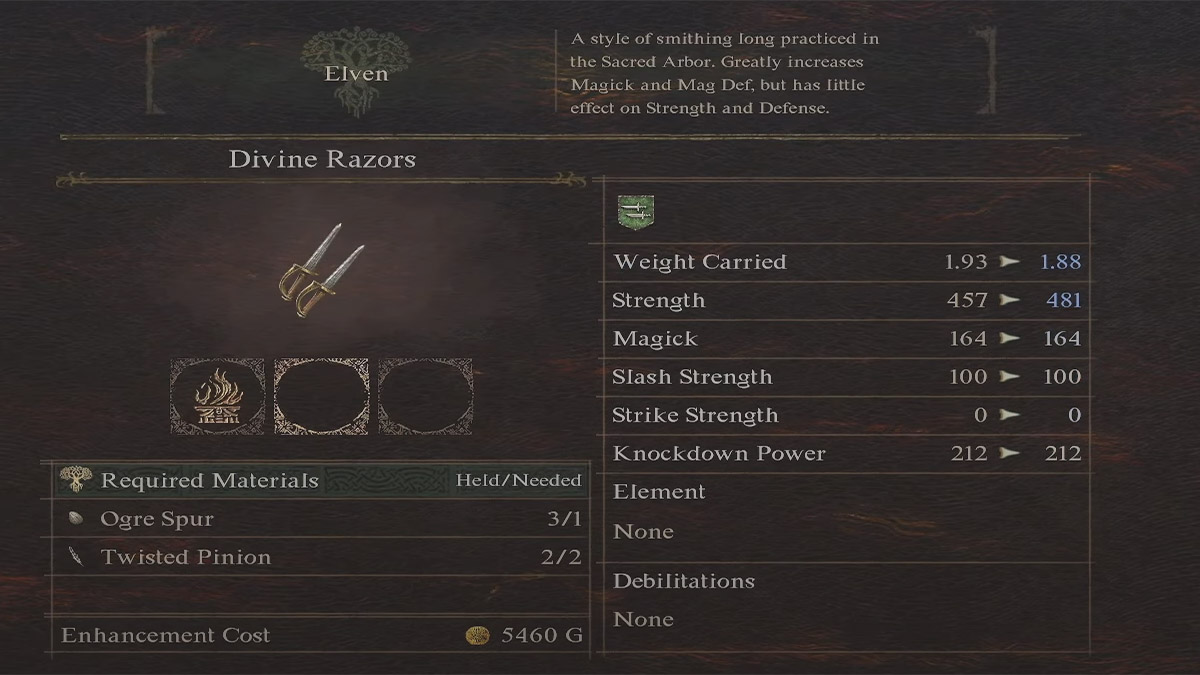 Menú de herrería élfica en Dragons Dogma 2.