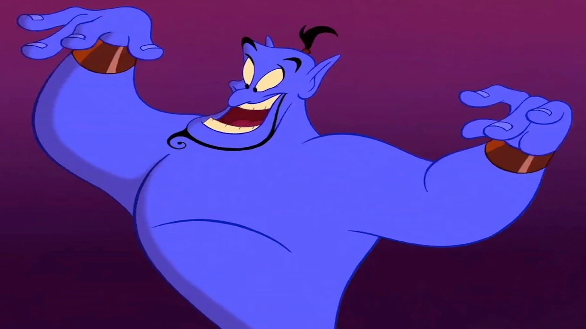 Genio de Aladdin con los brazos en alto sobre un fondo rojo.