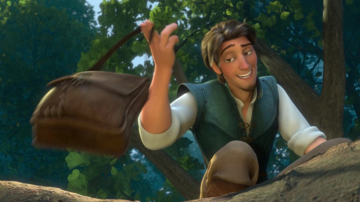 Flynn Rider de Enredados sosteniendo una cartera y sonriendo